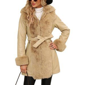 Women Faux Leather Fur-lined Jacket with Hood and Fur Collar Winter Fashion